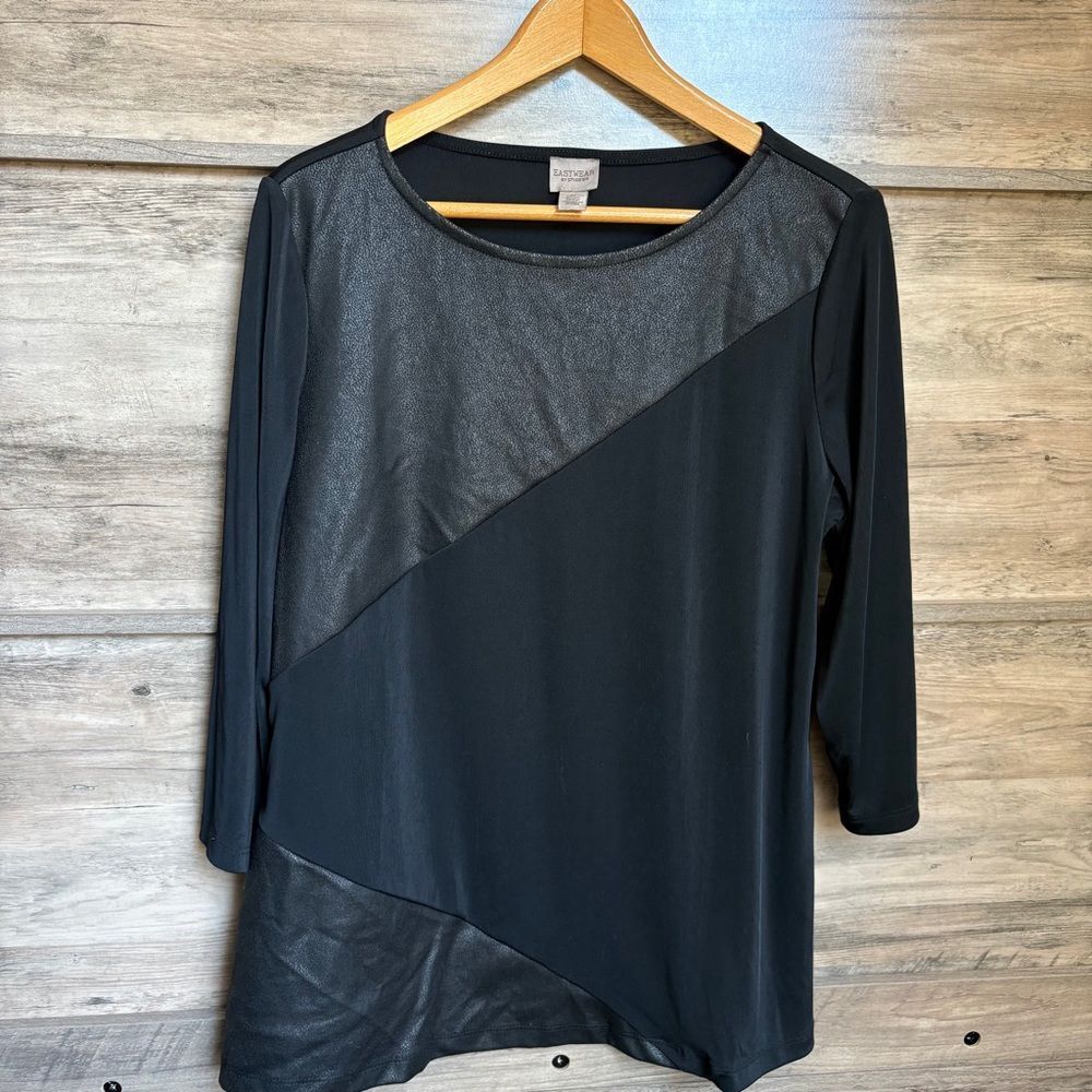 Chico's Easywear Black Two Toned 3/4 Sleeve Blouse L Preppy Luxury Punk Emo